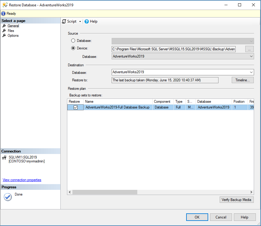 Screenshot showing the Restore Database window. The backup set to restore and the OK option are highlighted.