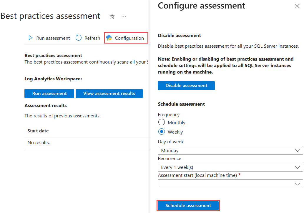 Screenshot that shows the pane for configuring an assessment schedule.