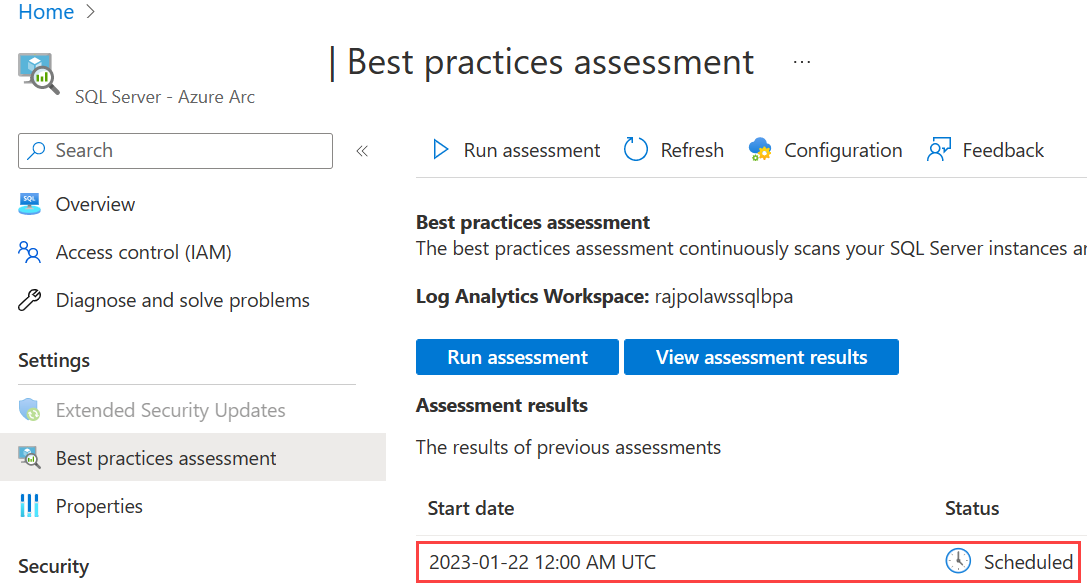 Screenshot that shows the successful enablement of best practices assessment for an Azure Arc-enabled SQL Server resource.