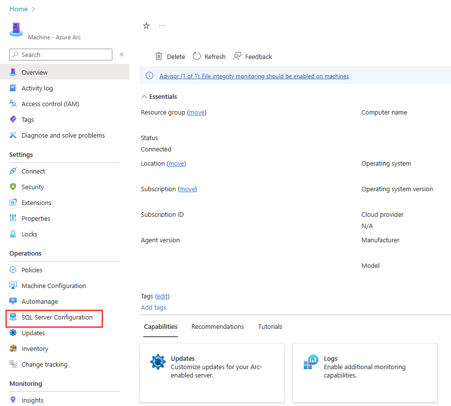 Screenshot of the Overview pane for SQL Server enabled by Azure Arc in the Azure portal.