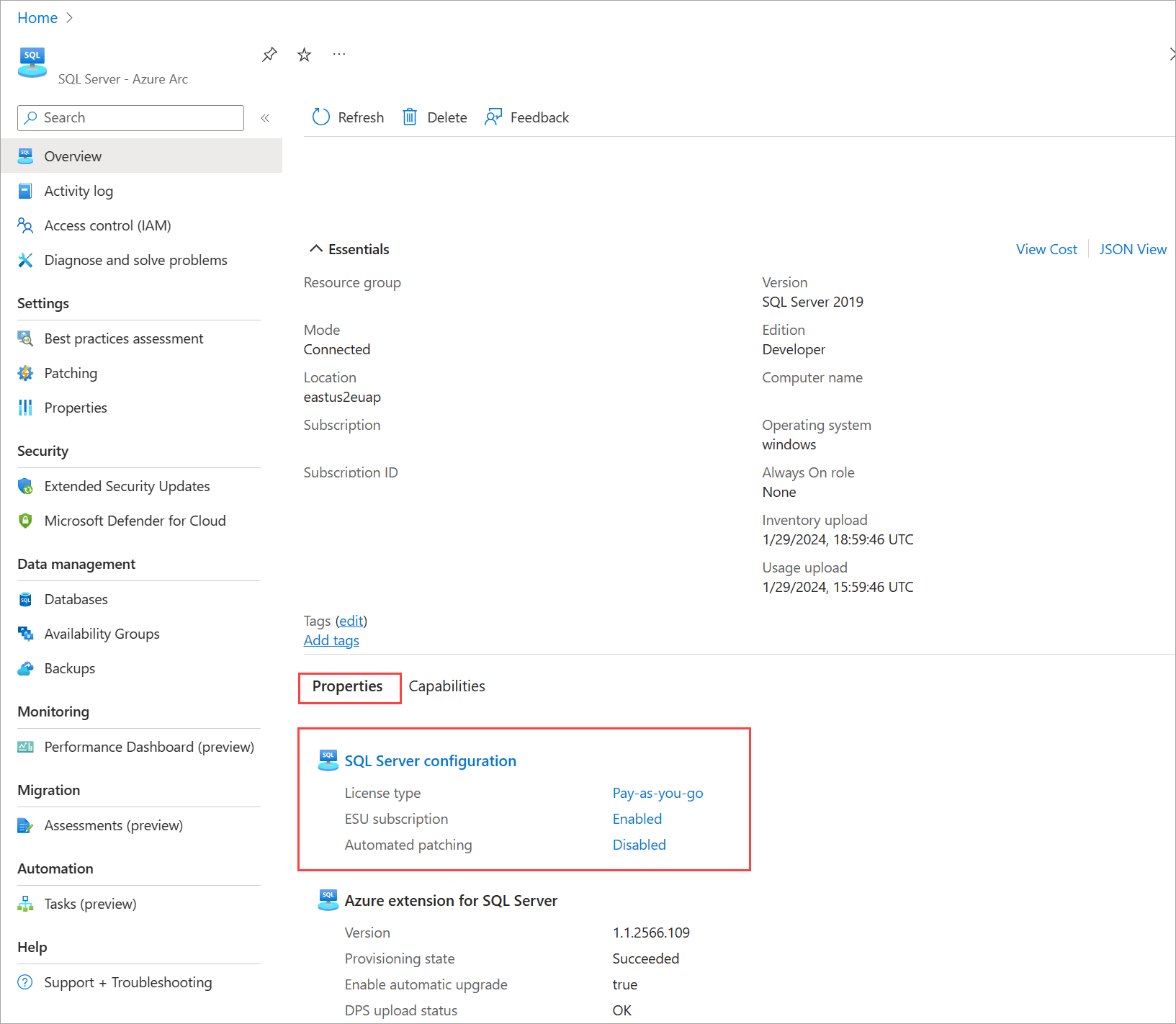 Screenshot of the area for SQL Server instance configuration in the Azure portal.