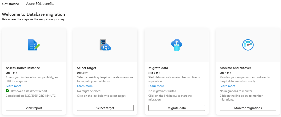 Screenshot that shows the migration home page for a SQL Server instance in the Azure portal.