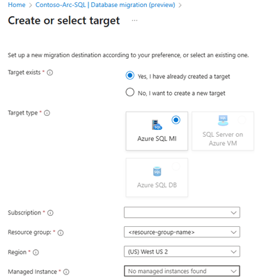 Screenshot that shows the Create or select target pane.