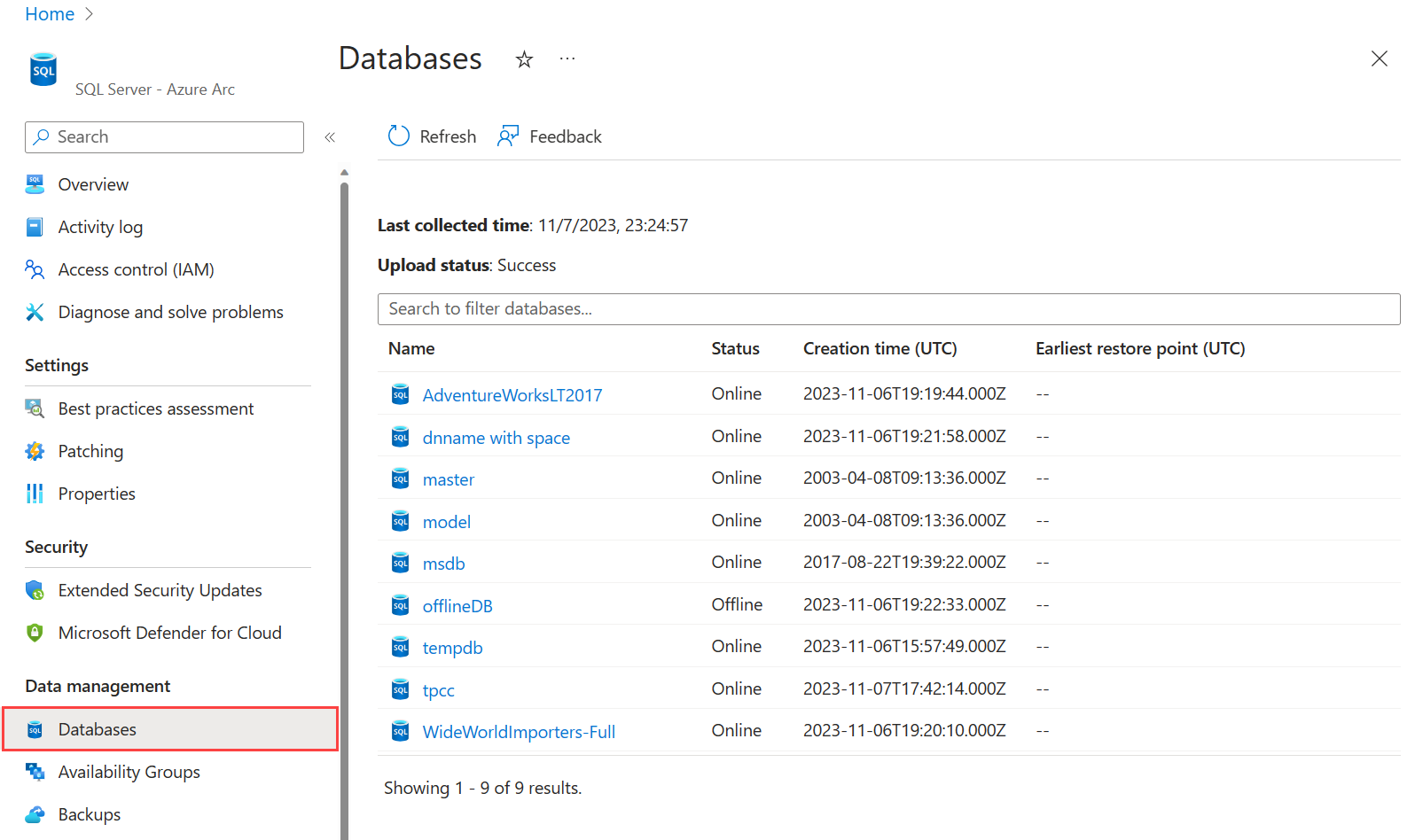 Screenshot of SQL Server database properties in the Azure portal.
