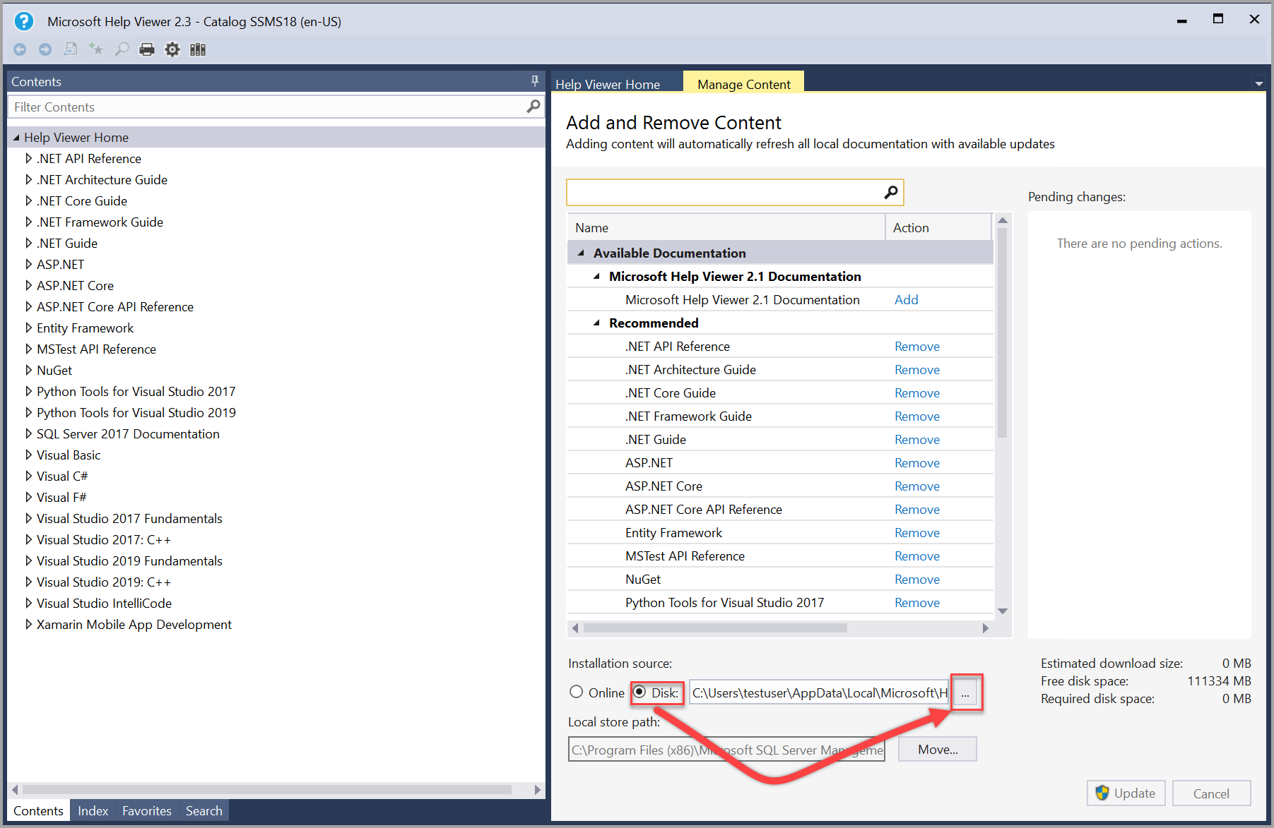 Screenshot of Help Viewer Manage Content Disk Source.