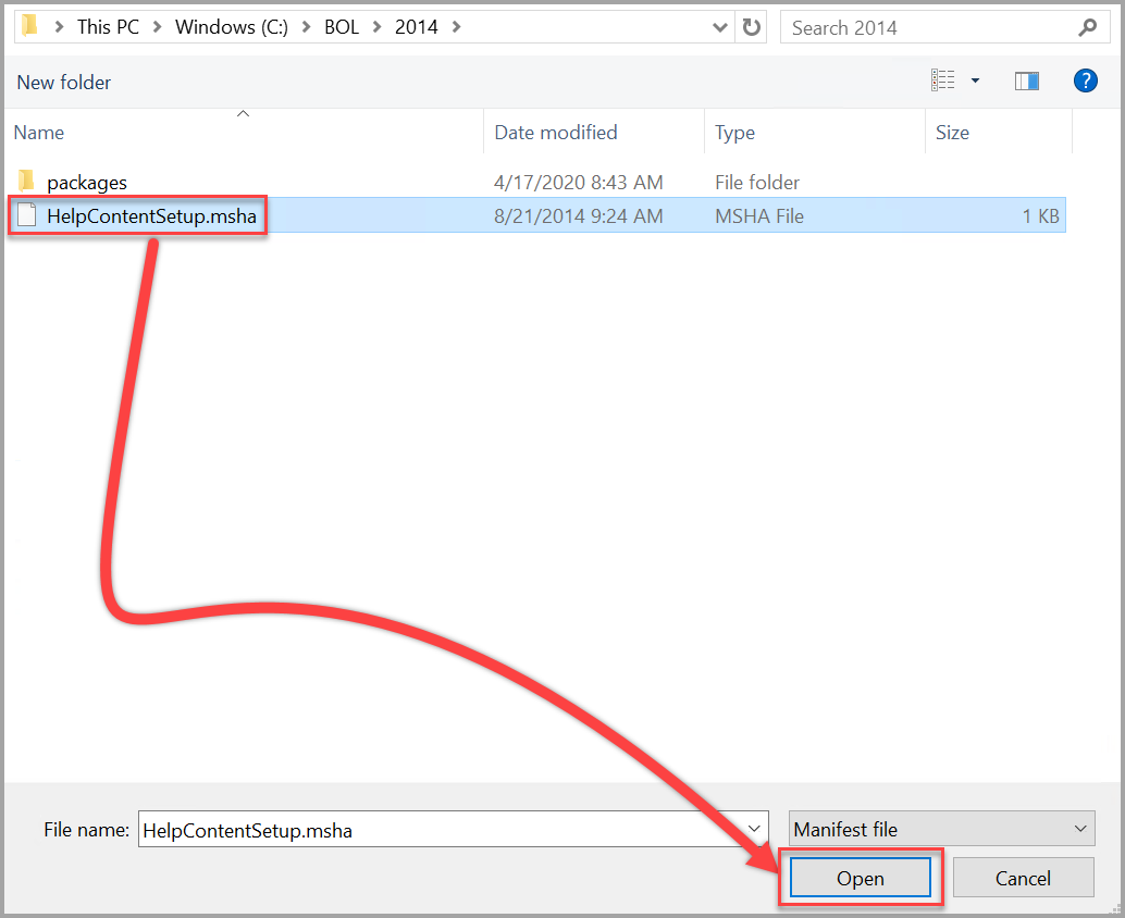 Screenshot of Open the SQL Server 2014 Help Content Setup.msha file.