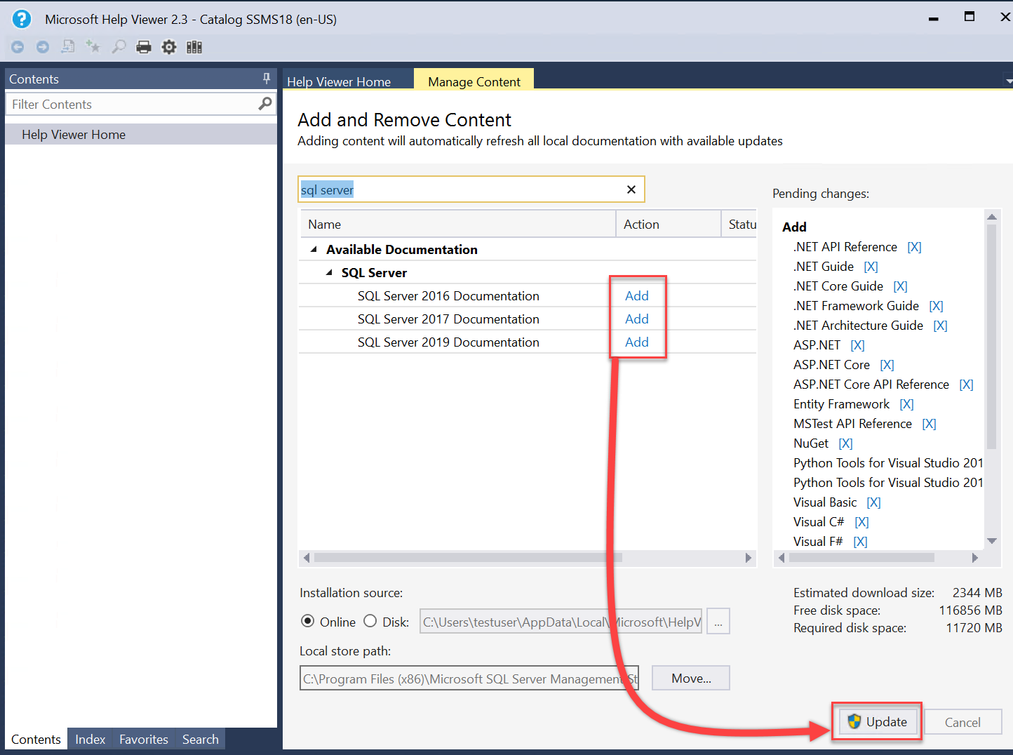 Screenshot of SQL Server online books add and update.