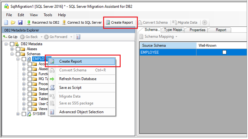 Screenshot of the 'Create Report' links in Db2 Metadata Explorer.