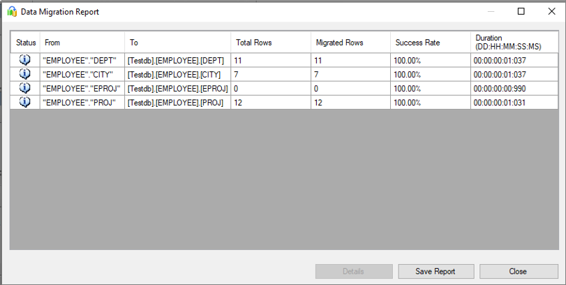 Screenshot of the Data Migration Report.