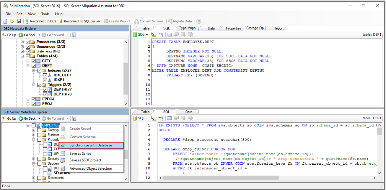 Screenshot of the 'Synchronize with Database' command on the SQL Server Metadata Explorer pane.