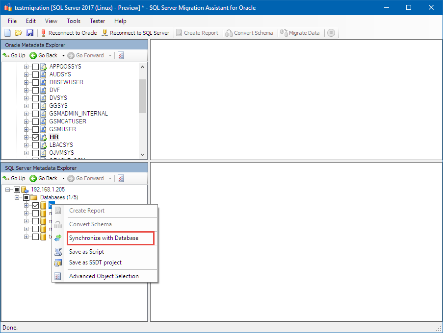 Screenshot that shows how to choose the Synchronize with Database option.