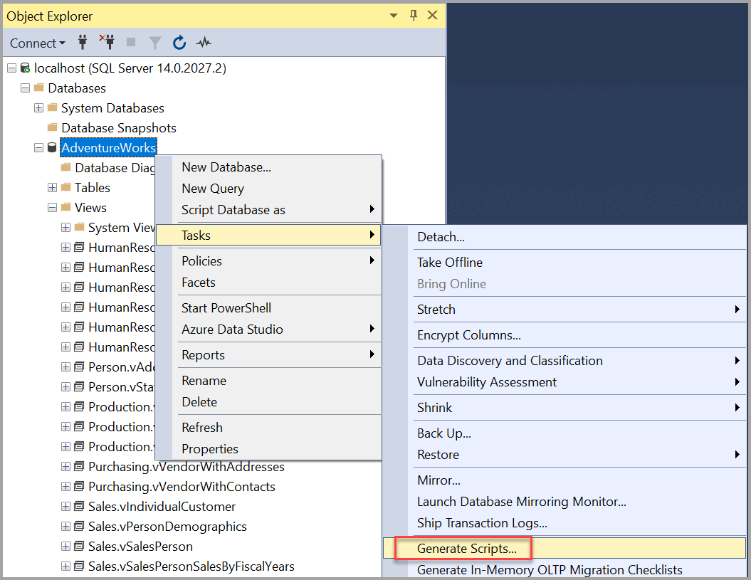 Screenshot of Generate Scripts Wizard.