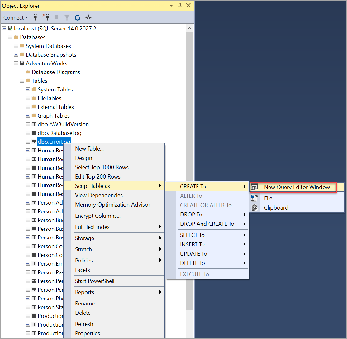 Screenshot of the option to script a table.