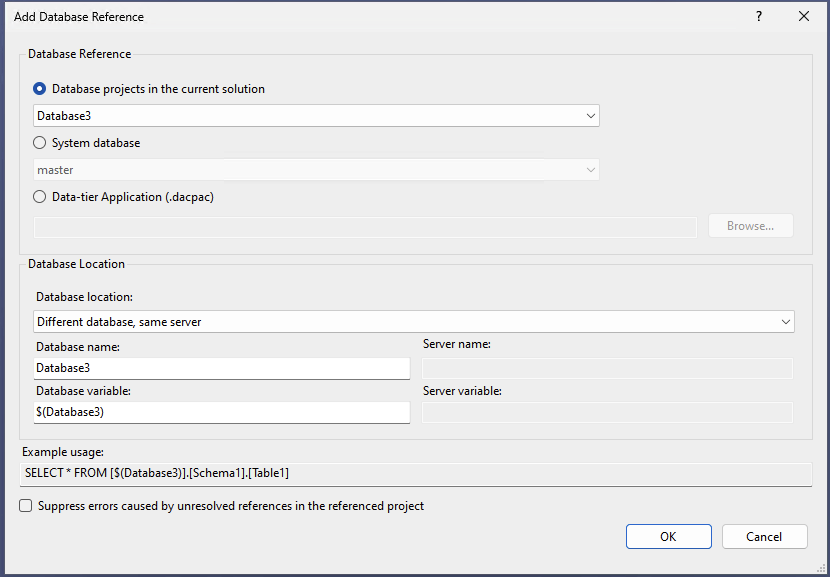 Screenshot of The Visual Studio dialog for database references.