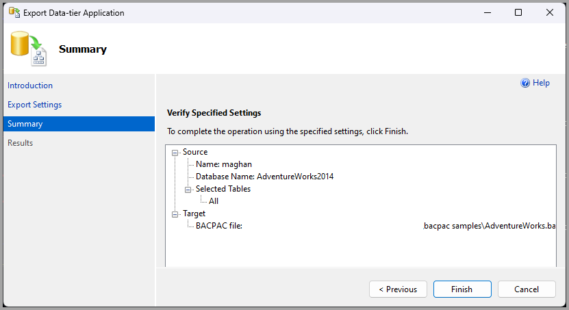 Screenshot of the export data- tier summary page.