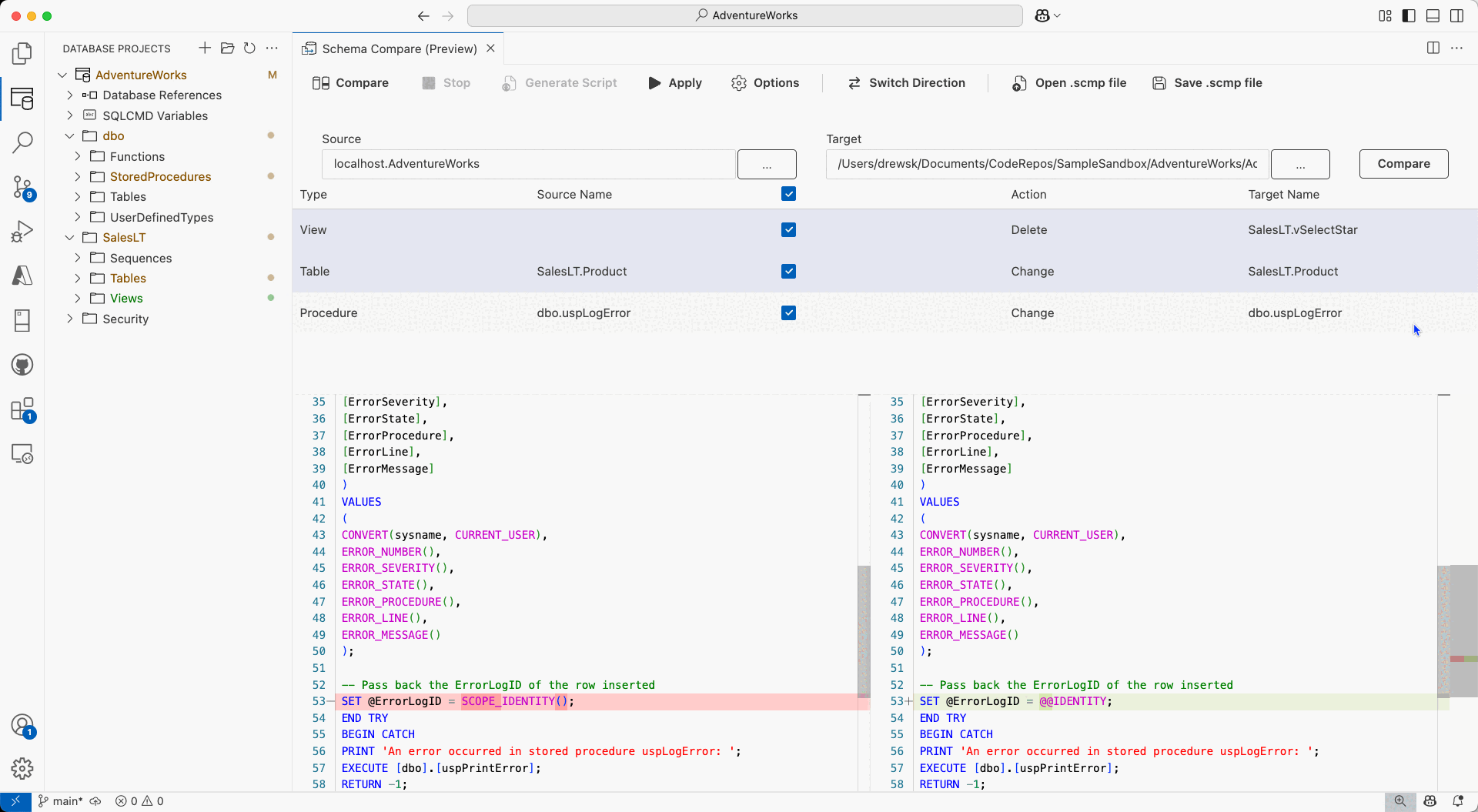 Screenshot of Schema comparison interface in Azure Data Studio comparing a database against a project.