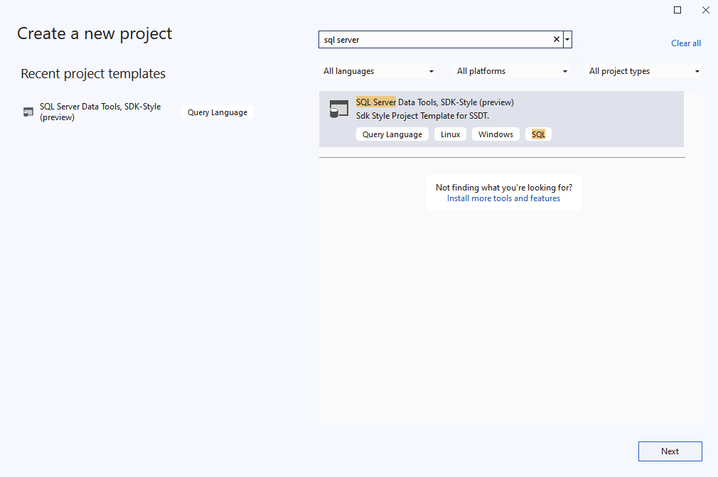 Screenshot of New project dialog.