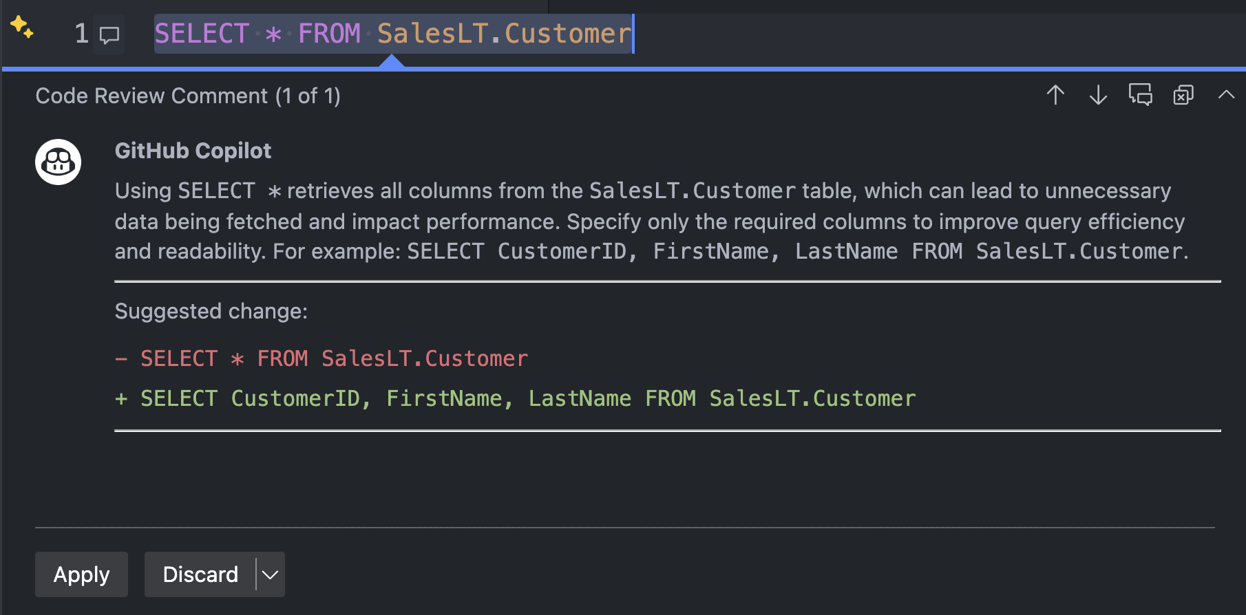 Screenshot showing an inline recommendation from GitHub Copilot for optimizing a SQL query in Visual Studio Code.
