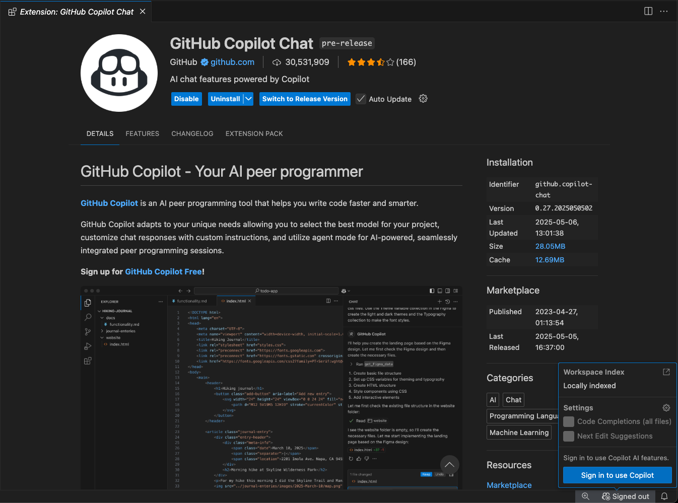 Screenshot of the GitHub Copilot sign-in in Visual Studio Code.