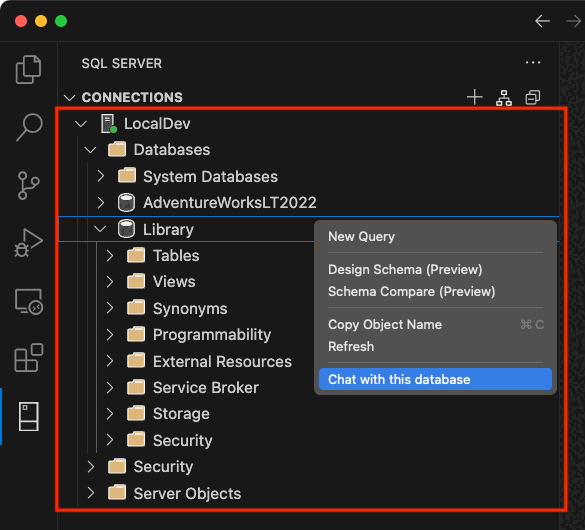 Screenshot showing the database context menu, selecting the Chat with this database option.