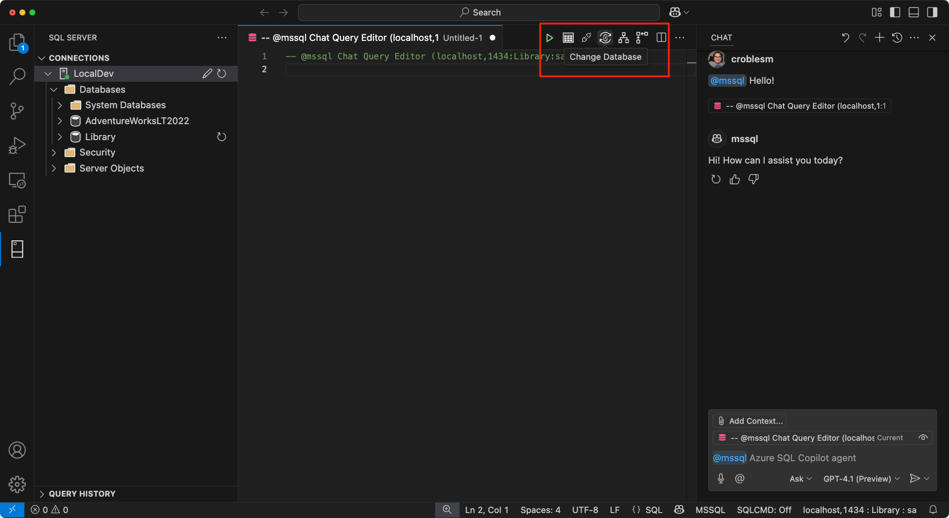 Screenshot of the GitHub Copilot chat window and MSSQL extension changing database context using the change database option in Visual Studio Code.