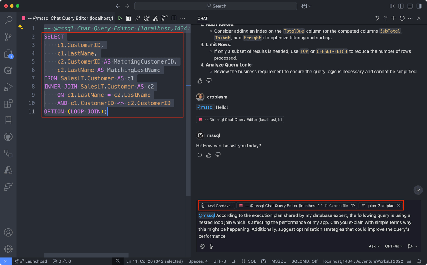 Screenshot showing an execution plan with nested loop join in Visual Studio Code.