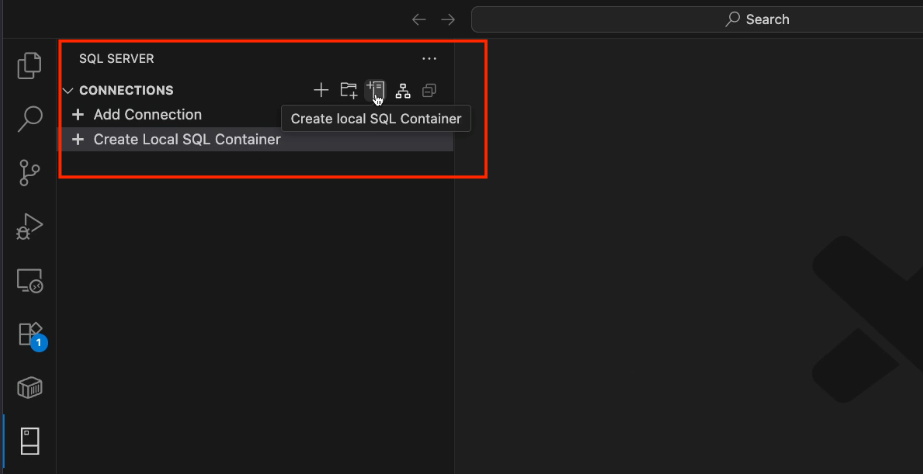 Screenshot showing how to create local SQL Server container option in the MSSQL extension.