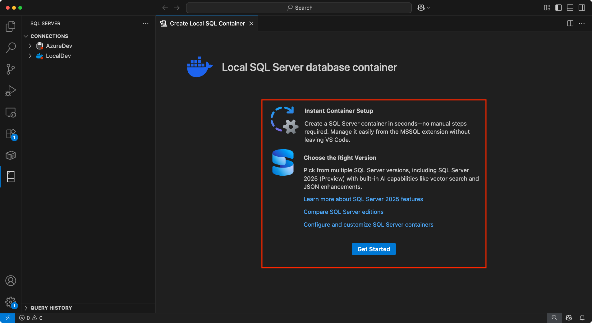 Screenshot of the overview screen for local SQL Server container deployment with helpful links and Get Started button.