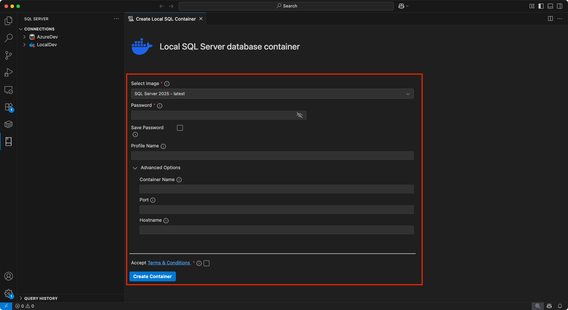 Screenshot of container setup configuration form.