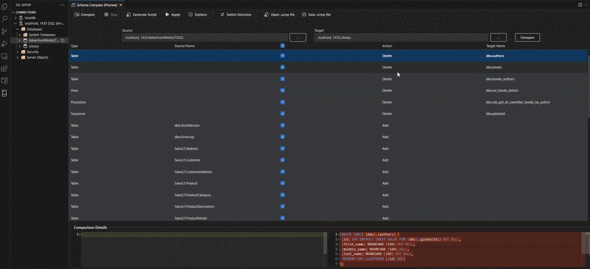 Screenshot of the main view of Schema Compare showing differences between source and target.