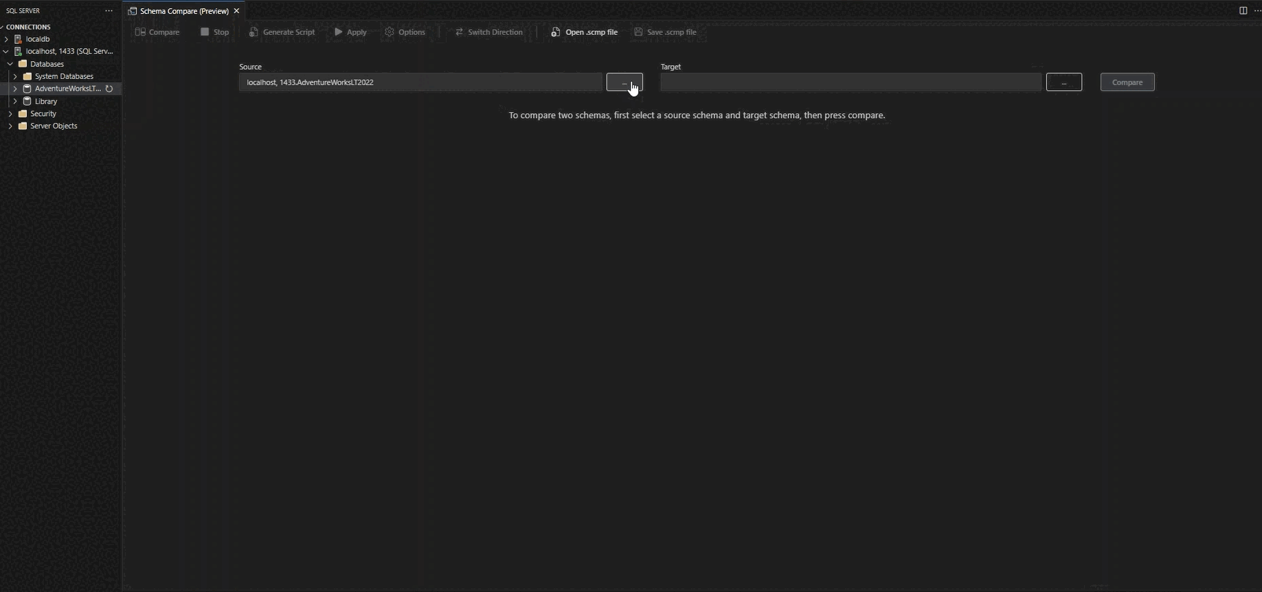 Screenshot of Changing the source and target in the Schema Compare menu.