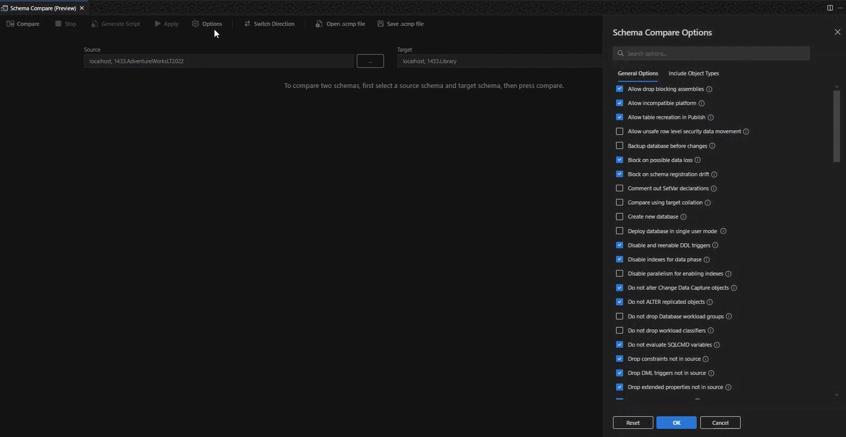 Screenshot of Opening the options menu in the Schema Compare.