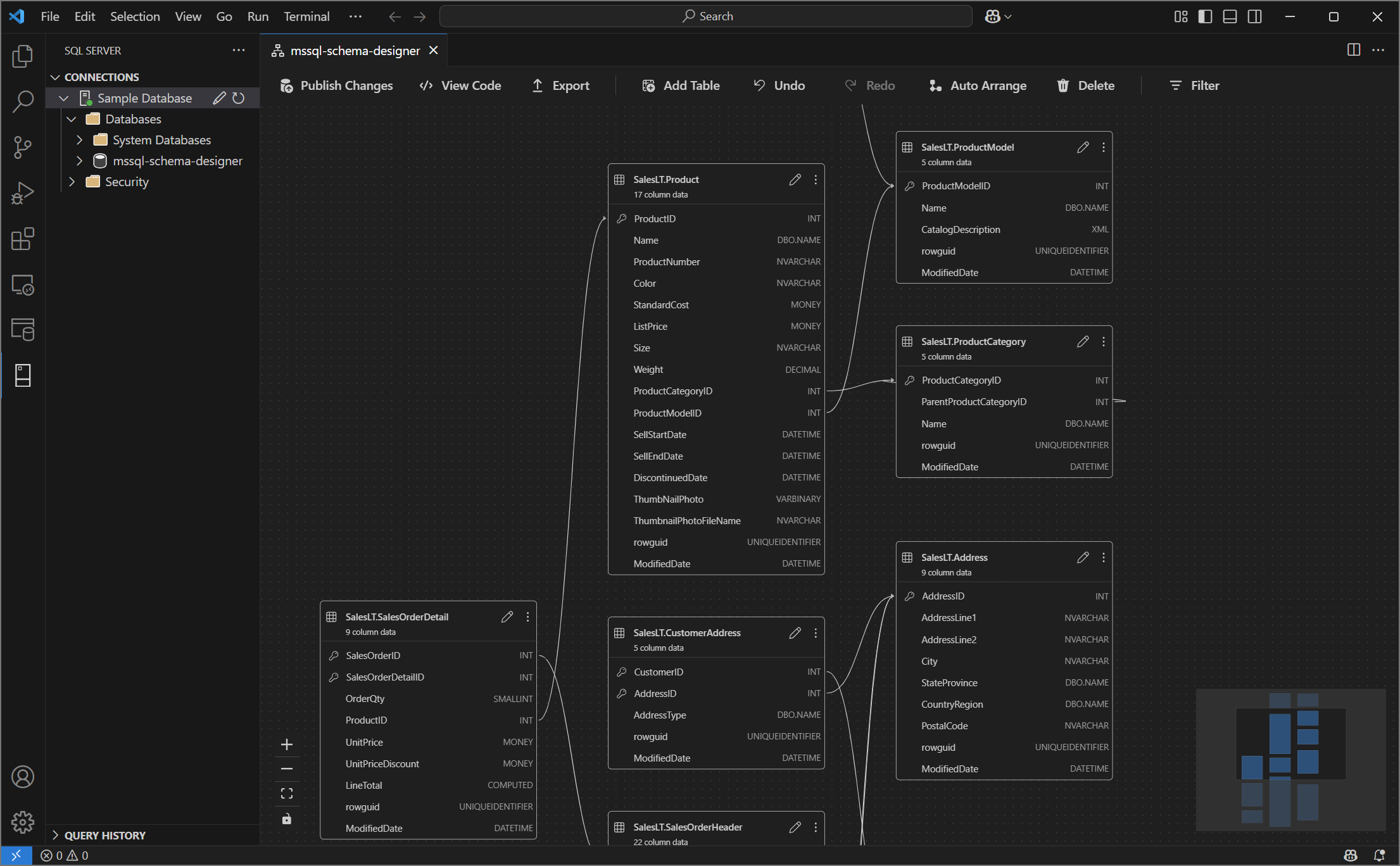 Screenshot of the schema designer overview showing a database schema diagram.