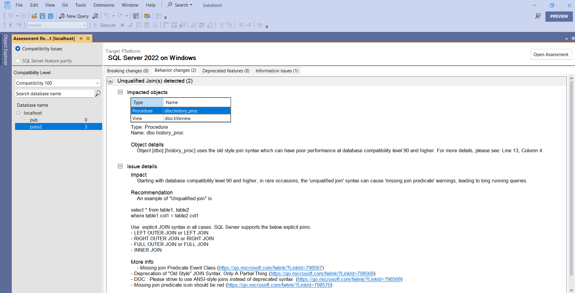 Screenshot of the SQL migration report, featuring a filter on the database compatibility level.