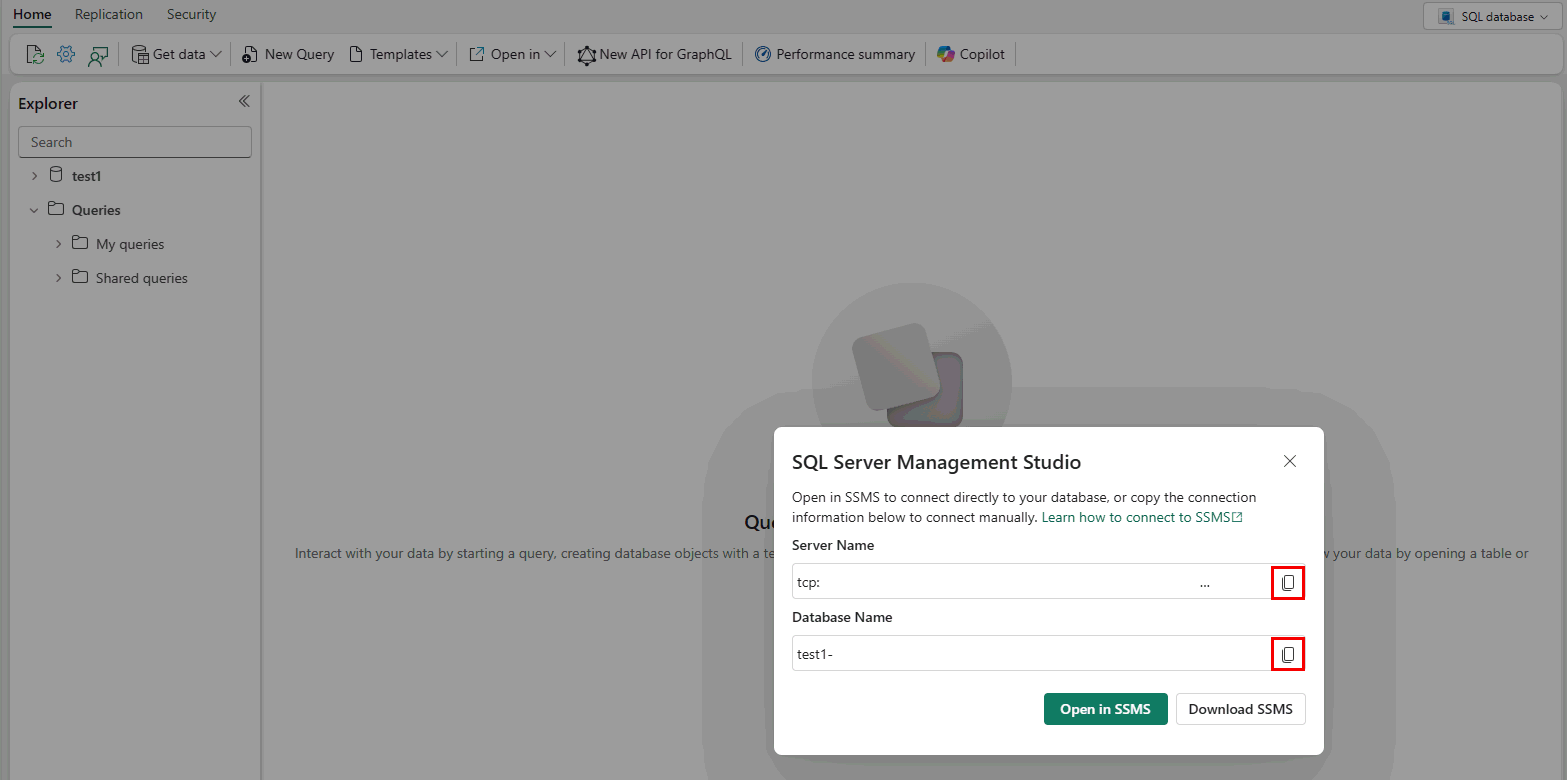 Screenshot from the Fabric portal of the SQL Server Management Studio connection dialogue, showing the server name and database name.