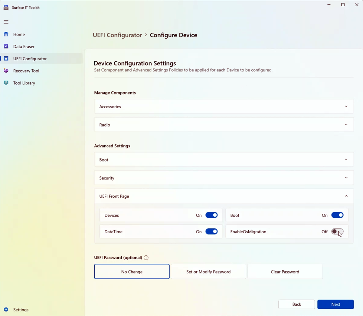 Screenshot of Enable OS Migration setting for Surface Hub 2S.