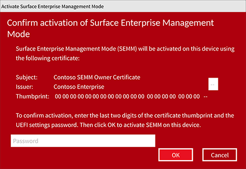 Screenshot of confirmation-activation dialog box to enter two-character certificate thumbprint and UEFI settings password.