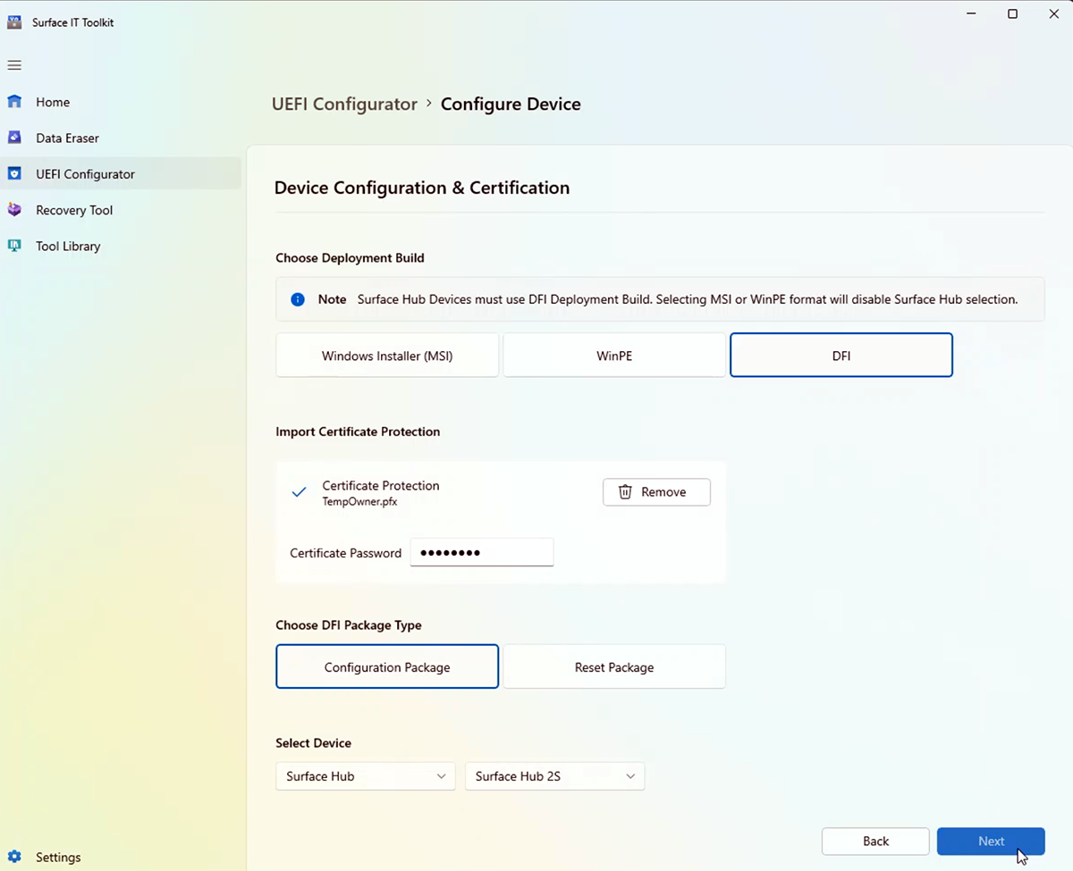 Screenshot of UEFI configuration settings for Surface Hub 2S.