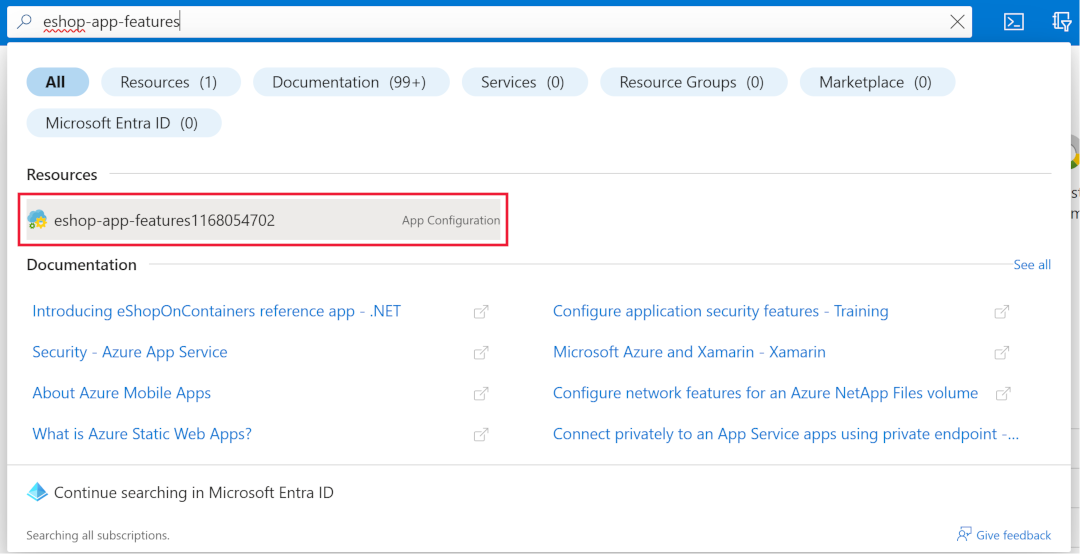 Screenshot of Azure portal search results showing the App Configuration resource prefixed with 'eshop-app-features'.