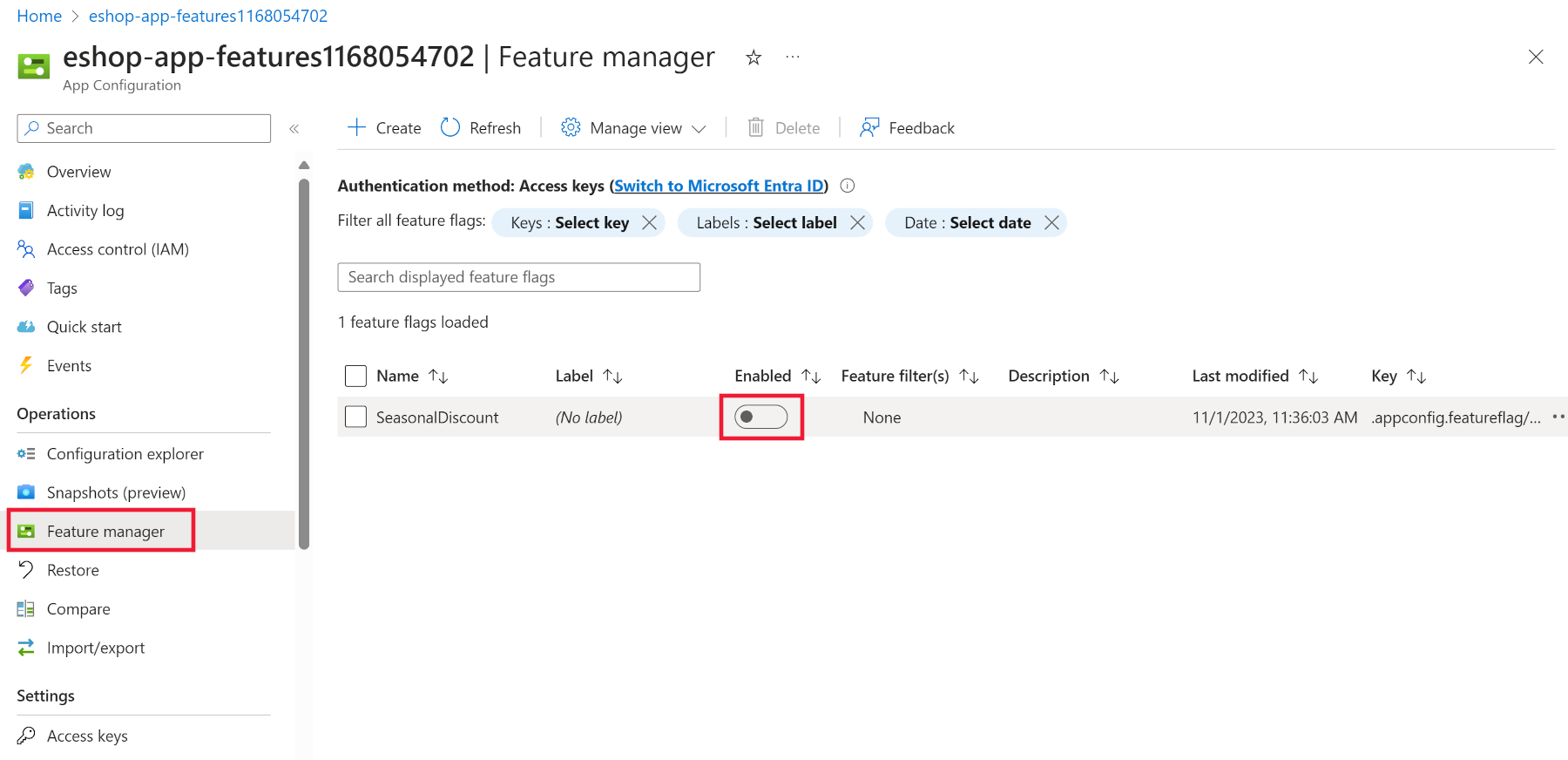 A screenshot showing the Azure portal page for App Configuration. The SeasonalDiscount is disabled.