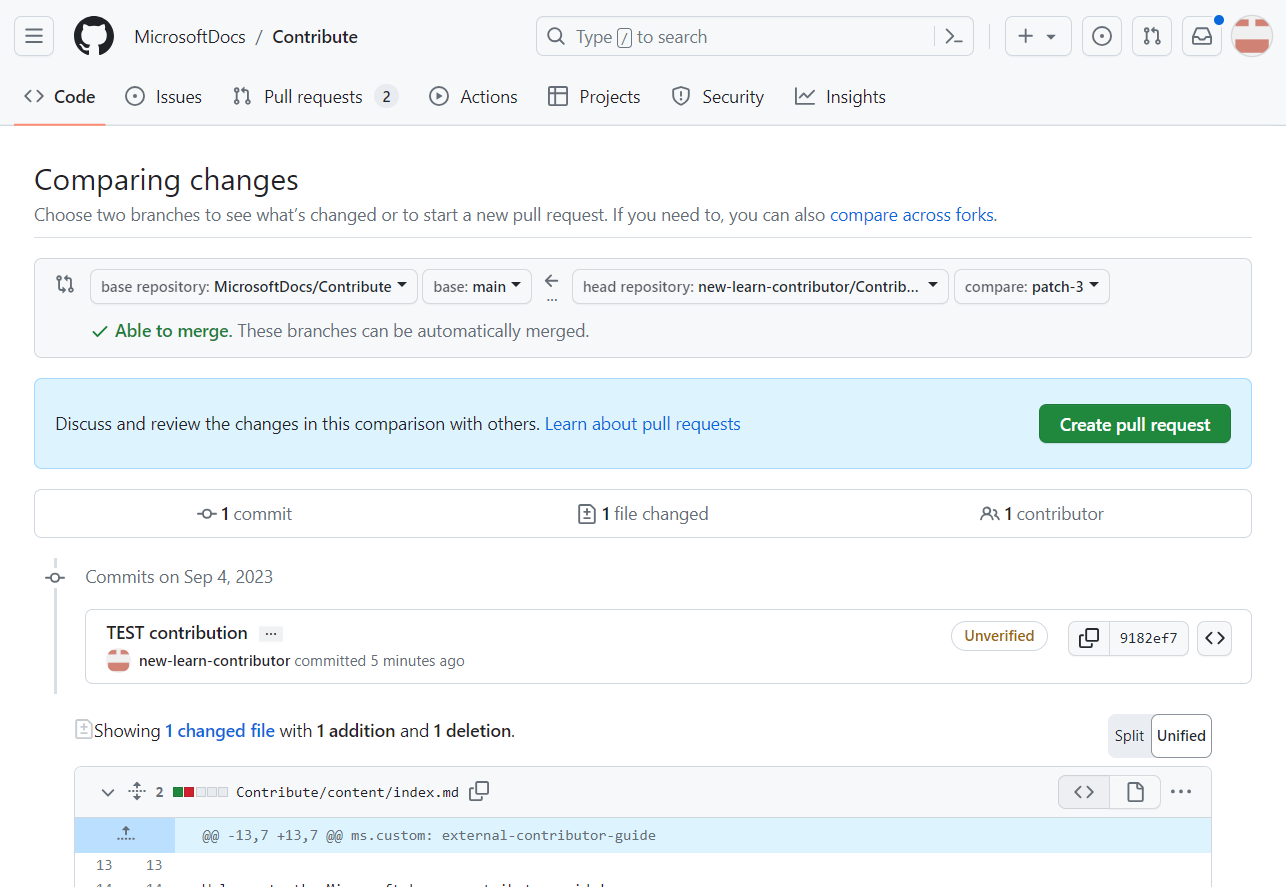Screenshot of the page to verify that the Base is Main, meaning that changes will be merged to the main branch.