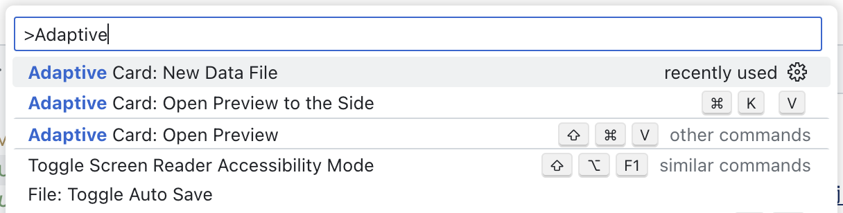 Screenshot of Visual Studio Code showing commands related to working with Adaptive Cards.