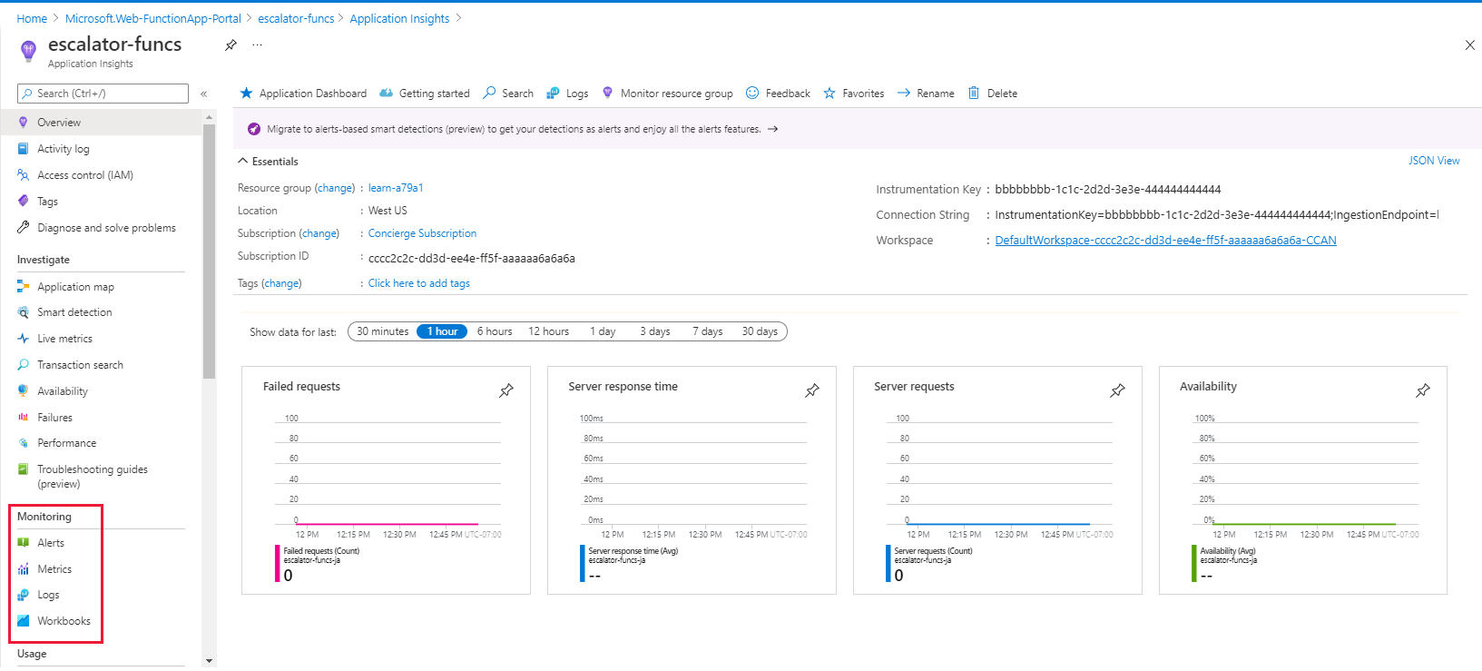 Screenshot showing the HTTP function Application Insights dashboard with function results, corresponding HTTP status codes, and the Monitoring menu items highlighted.