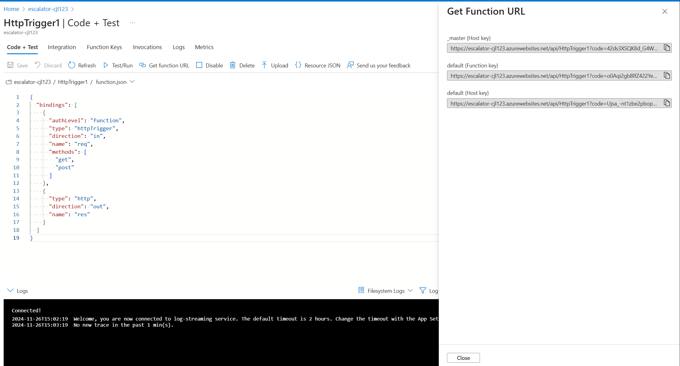 Screenshot of the Azure portal showing the function editor, with the Get function URL button highlighted.