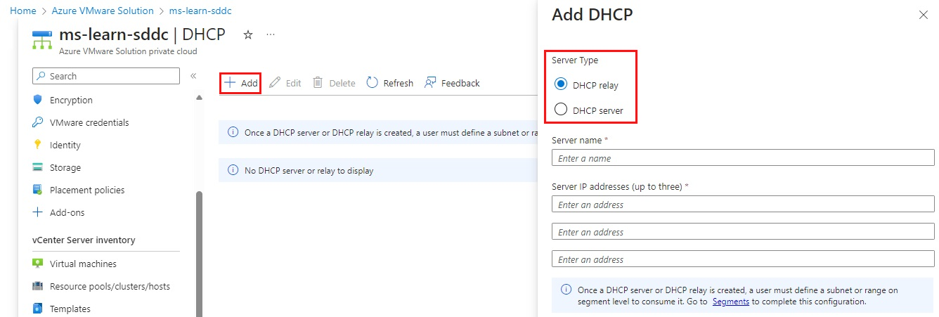 Screenshot of the Azure portal showing how to add either a D H C P server or a D H C P relay into the Azure VMware Solution private cloud.