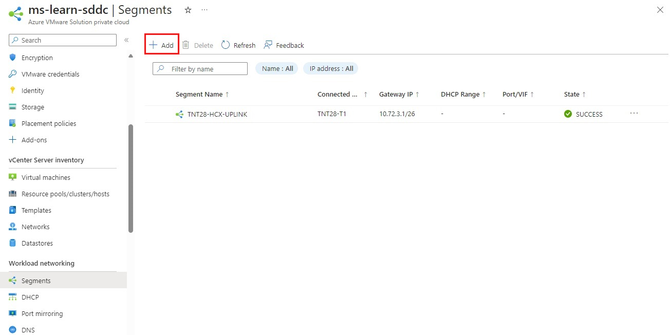 Screenshot of the Azure portal showing how to add an N S X Manager network segment.