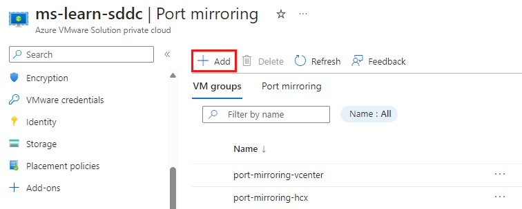 Screenshot of the Azure portal showing where to configure port mirroring related to destination VMs or VM groups.