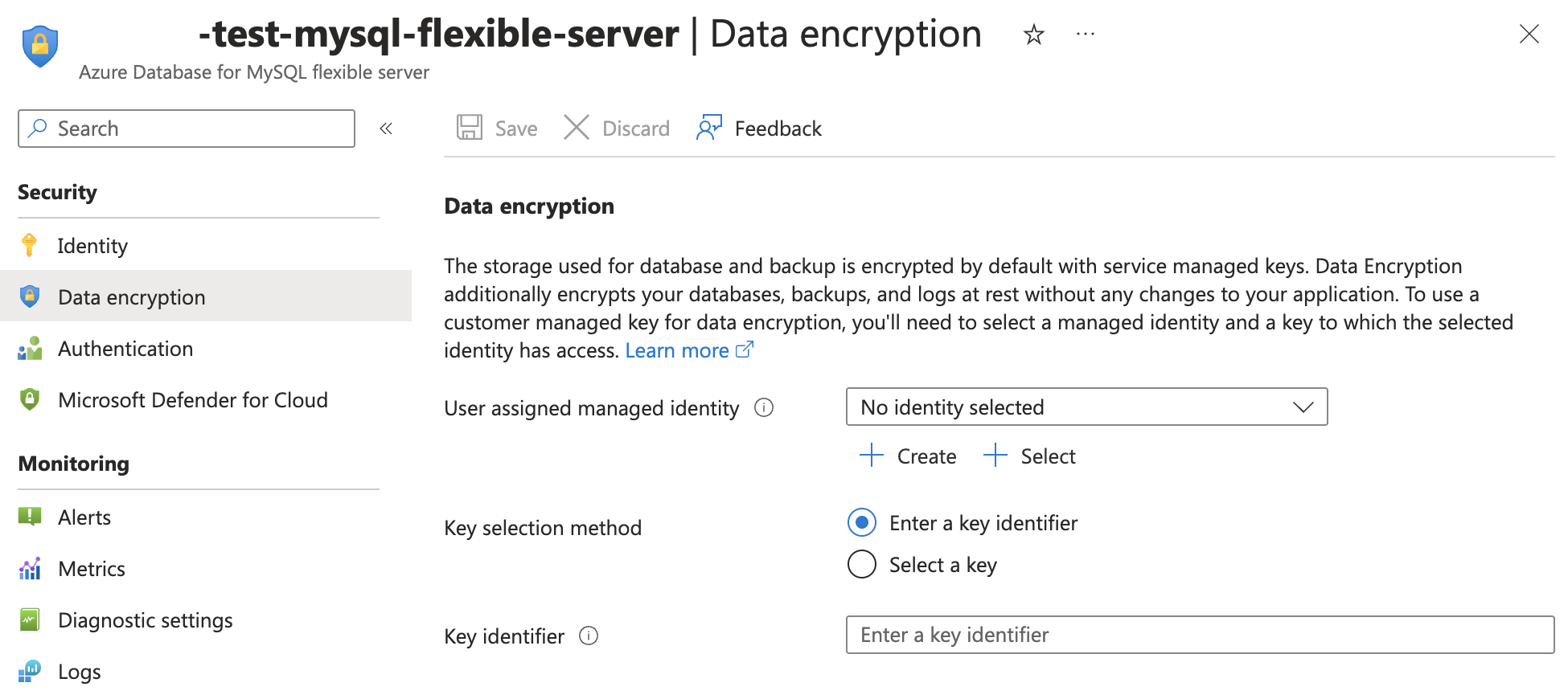 Screenshot of settings page to select a customer managed key.
