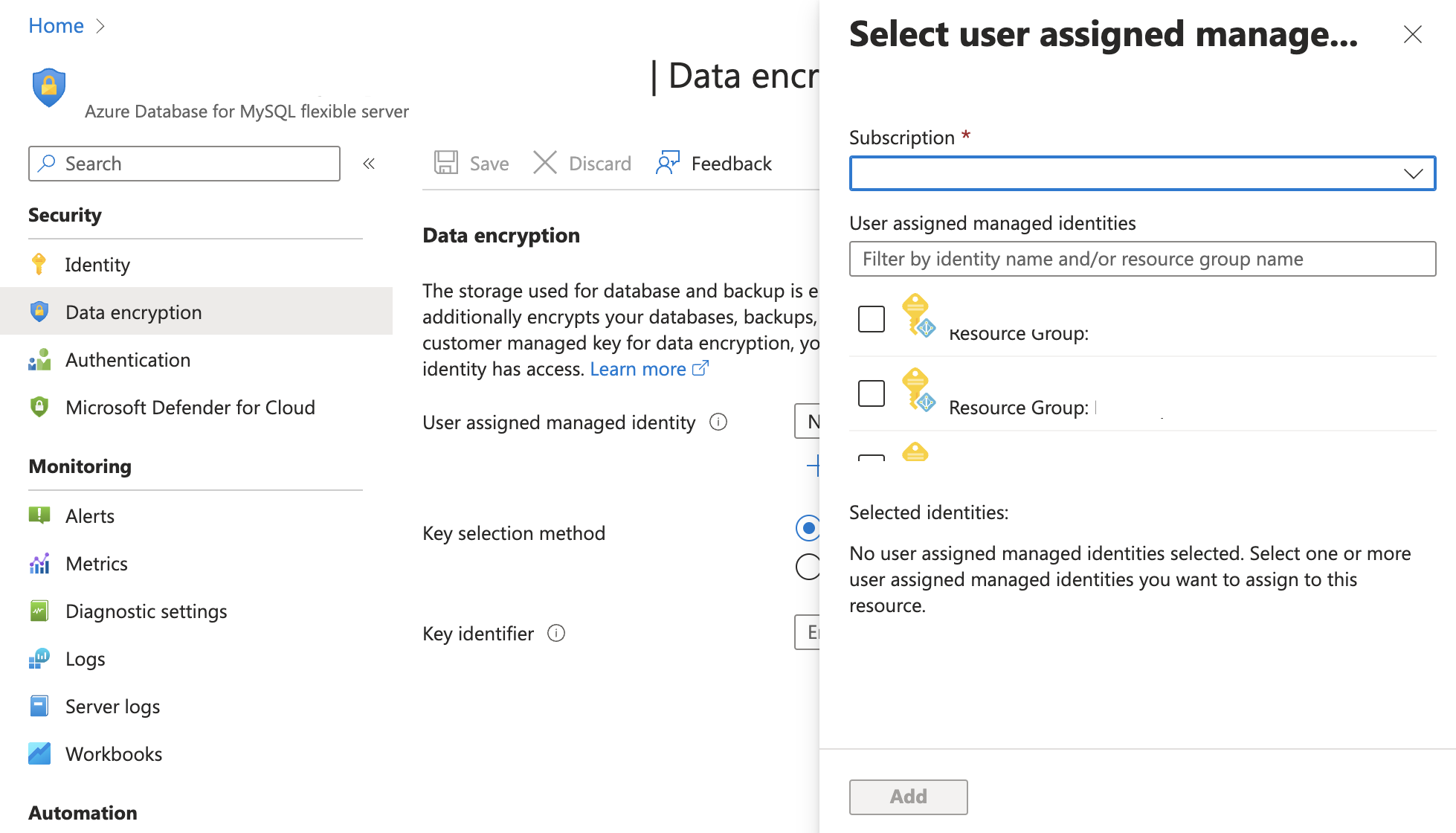 Screenshot of the dialog box to select a user assigned managed identity.