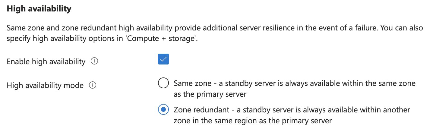 Screenshot of database creation showing the selection of zone redundant high availability.